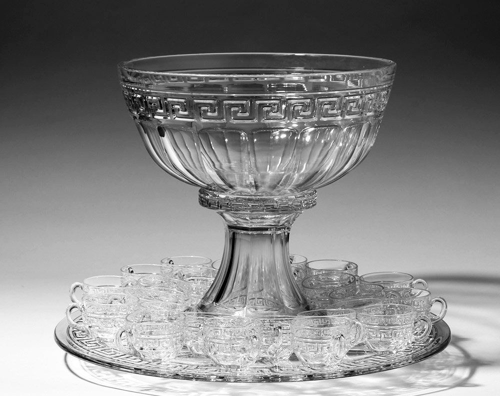 Antique Heisey Glass Punch Bowl Set, Greek Key 27 pcs