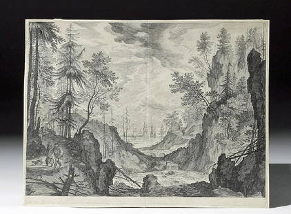 17th C. European Engraving - Woodland Scene by Sadeler: Northern Europe, Flanders, ca. 1609 CE; Aegidius Sadeler II (1570-1629) after Roelandt Savery (1576-1639), "Woodland Scene with a Waterfall". A dark and moody copperplate engraving showing a wild scen