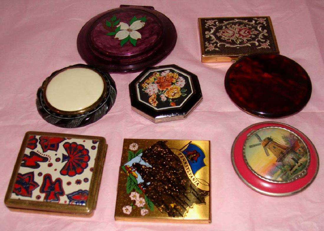 Grouping Vintage 8 Compacts: 8 Mixed Assorted Cosmetic Compacts, One Bakelike with Carved Dome, Each Numbered Condition vg/g