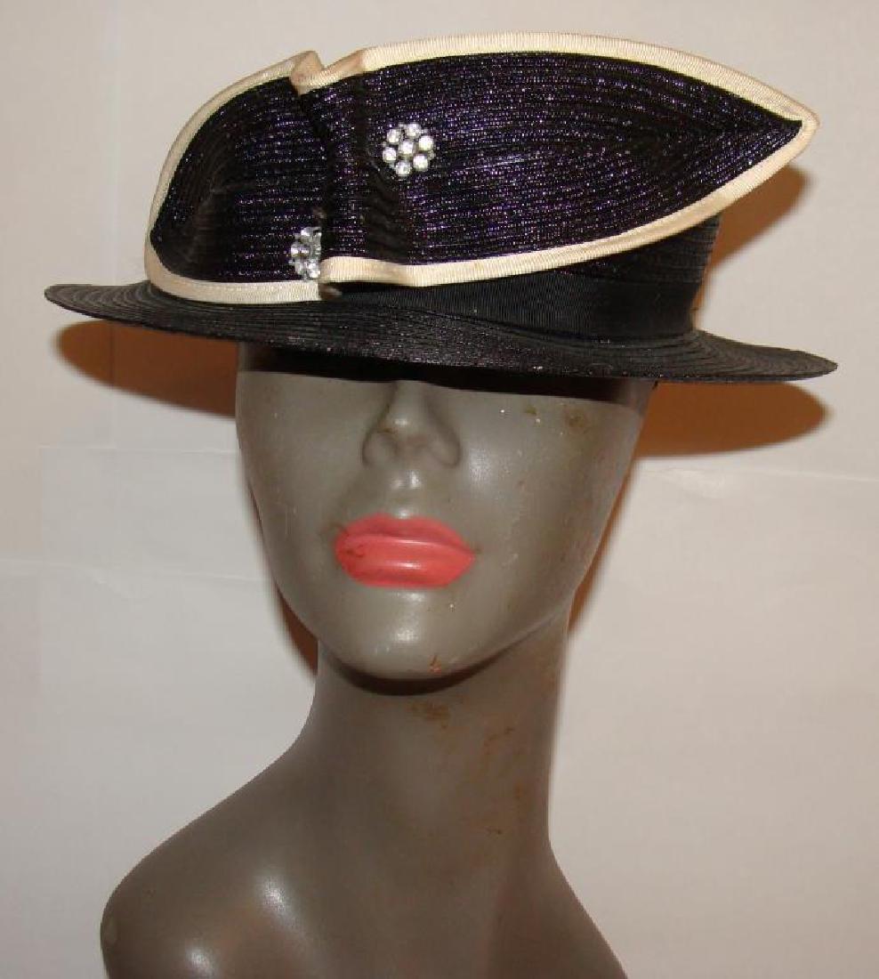 1940's Blue Straw Hat: Vintage Blue and White Straw Hat with Arrow Front Design Condition vg/g