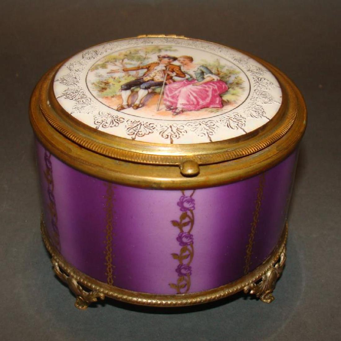 Porcelain and Enamel Ladies Box: Footed Dresser Box with Classical Scene, 3" x 4"