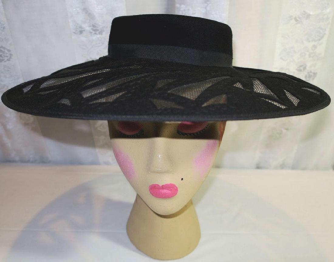 Vintage Window Pan Picture Hat, 1940: Black Velvet and Net Window Pane Cut-Out Brim Hat, 1940-50