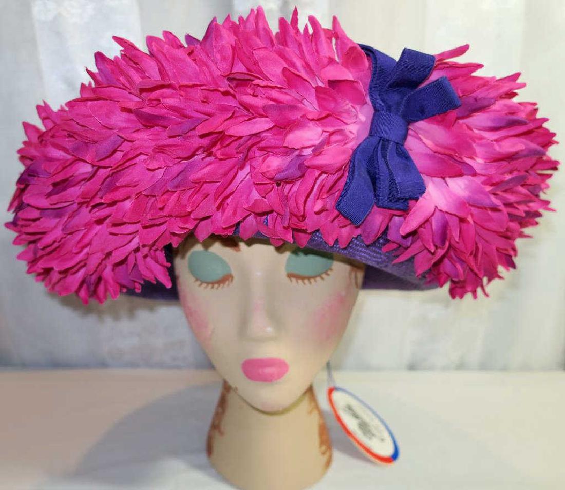 Contemporary High Fashion Hat: Purple Straw Contemporary Hat with Hot Pink Leaves and Purple Bow, 1980's Maker Mr. John Classic