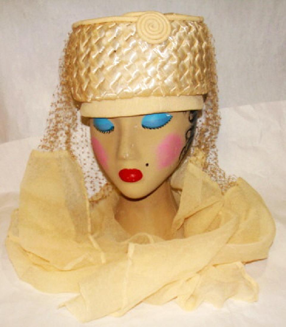 Vintage "I Dream of Jeannie Hat" 1960: Cream Color "I Dream of Jeannie " High Crown Pill Box Hat, with Sheer Hanging Below the Shoulders Fabric, 1960's, Maker's Label, Michael Terre