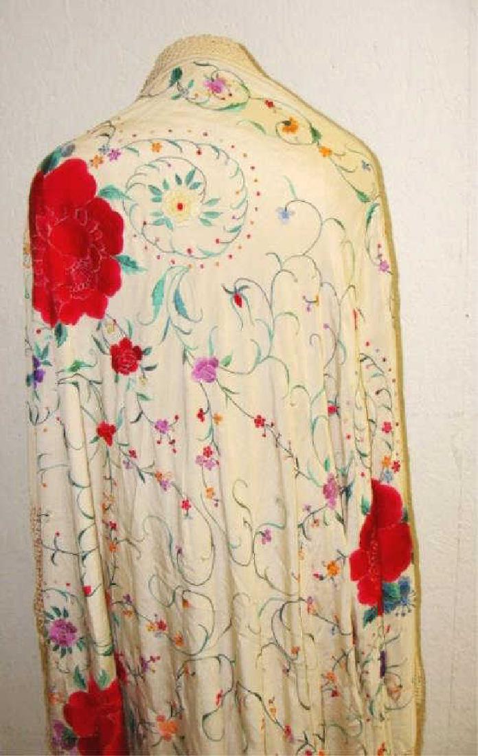 Vintage Silk Embroidered Piano Shawl: White Silk Crepe Embroidered Piano Shawl 77" x 77" Vintage