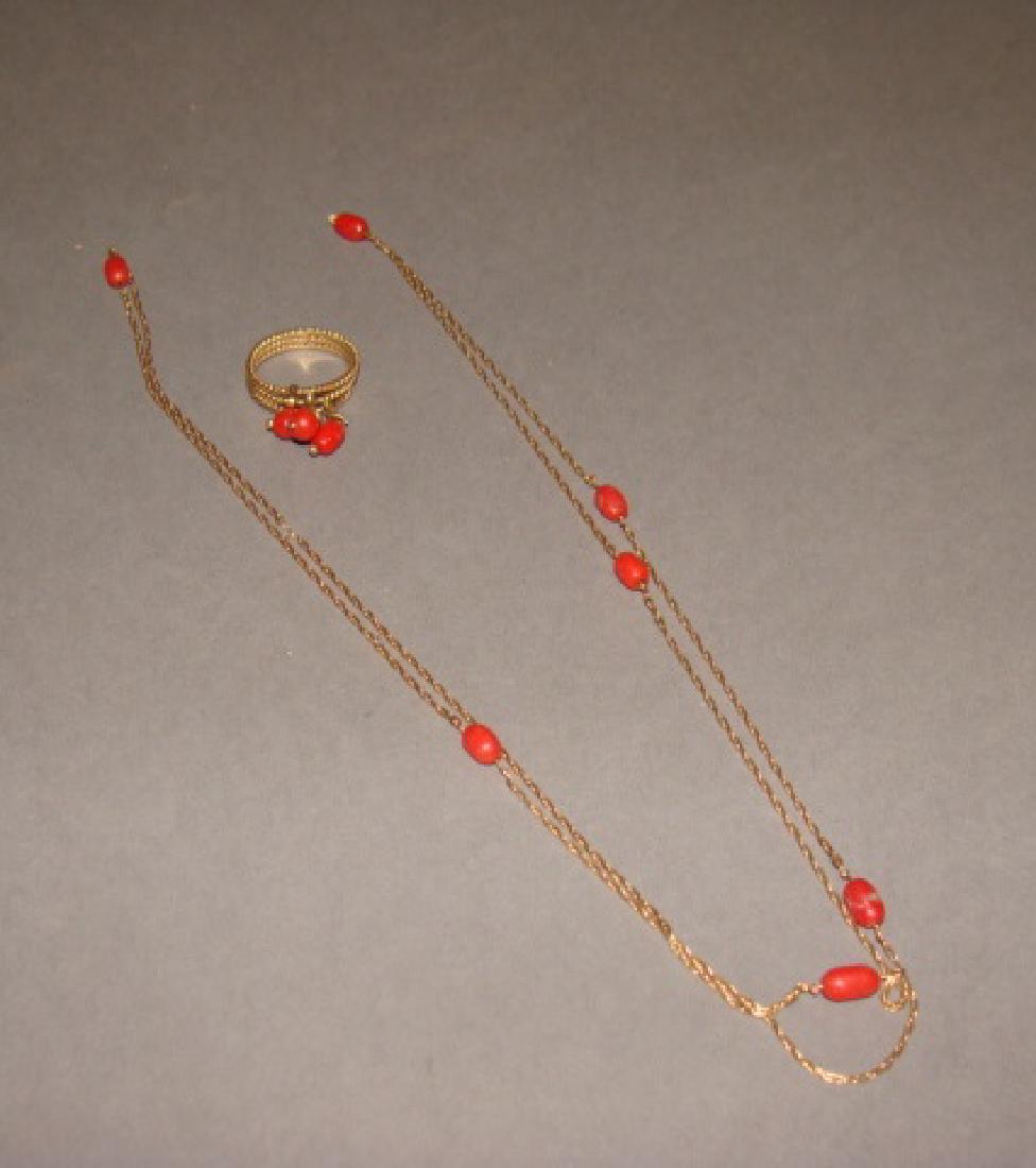 14KT Yellow Gold & Coral Necklace and Ring Set (1 of 4)