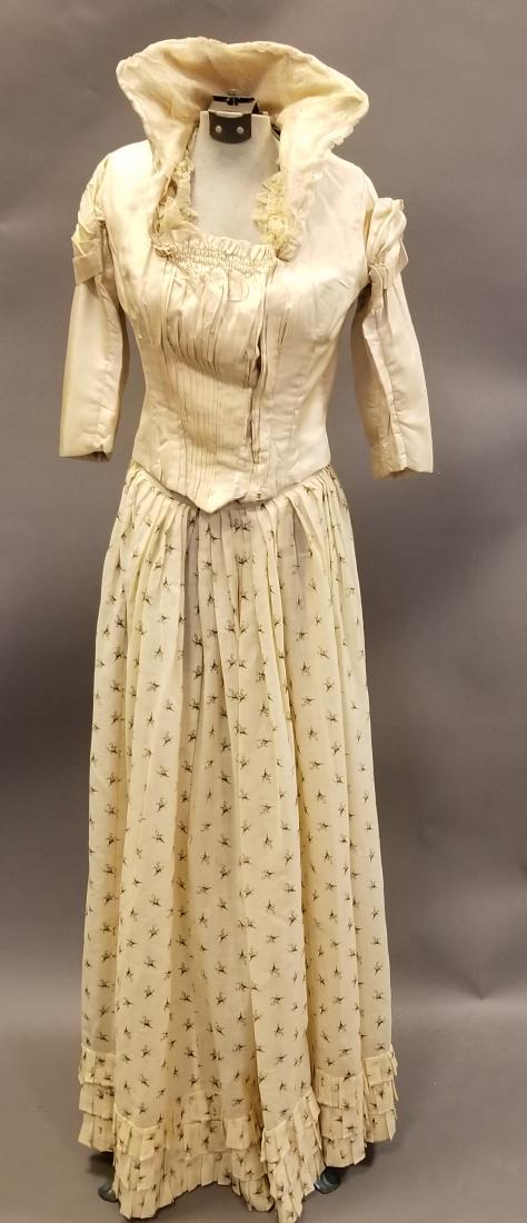High Collar Crème Bodice and Print Skirt: ca. 1860 High Square Collar Crème Bodice and Print Skirt, Size S, Skirt M, Condition, Fraying to Lace, Small Spots, Skirt G