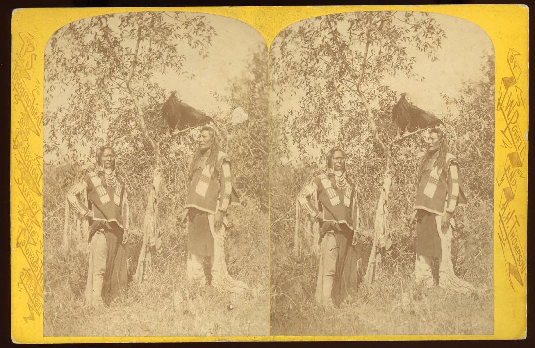 NAU-NO-KWITS, FRIEND & EAGLE. USGS SURVEY UTAH: Stereoview from the Powell survey. No info on reverse (no label). From the series: INDIANS OF THE COLORADO VALLEY. U-in-ta Utes. Living in the U-in-ta Valley on the Western Slope of the Wasatch Mounta