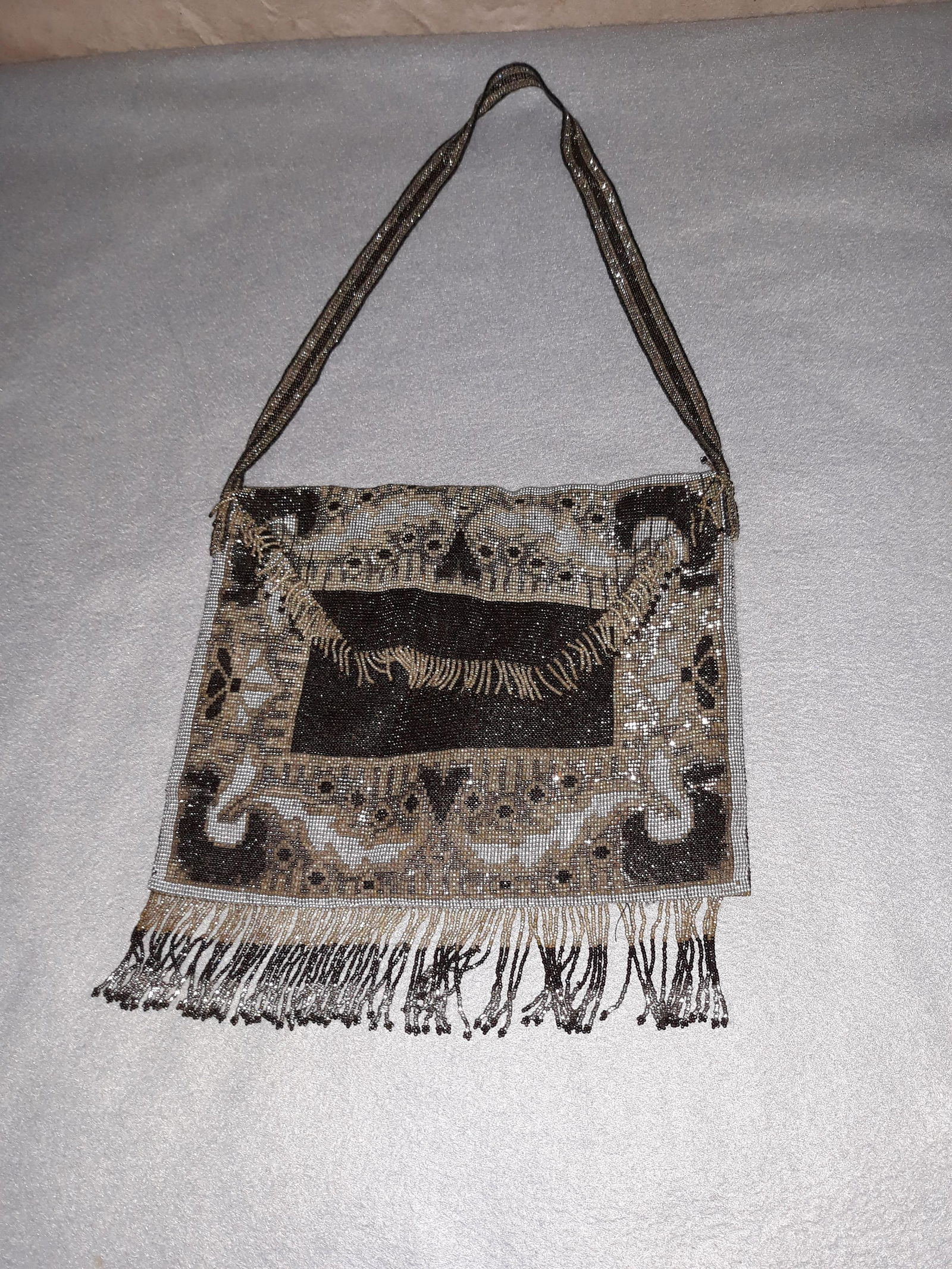 Black and Silver Beaded Bag Purse: Vintage -Antique Black and Silver Envelope Beaded Bag Purse. 14" x 6.75