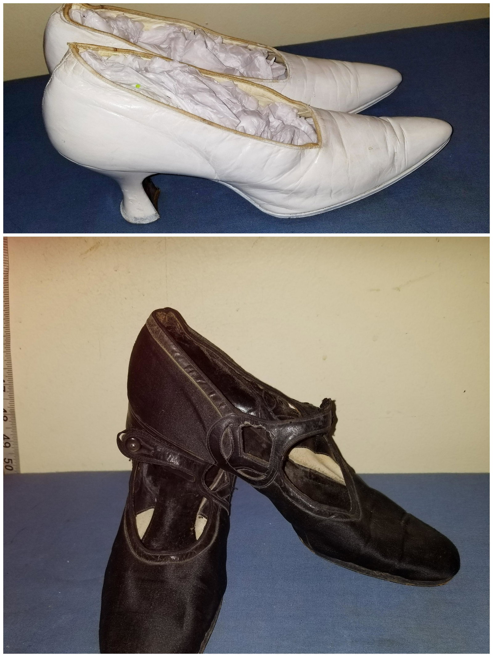 Grouping of Antique Shoes: Antique Victorian Edwardian Women's Black Satin Shoes and Antique Victorian Edwardian Era Woman's White Soft Leather Shoes