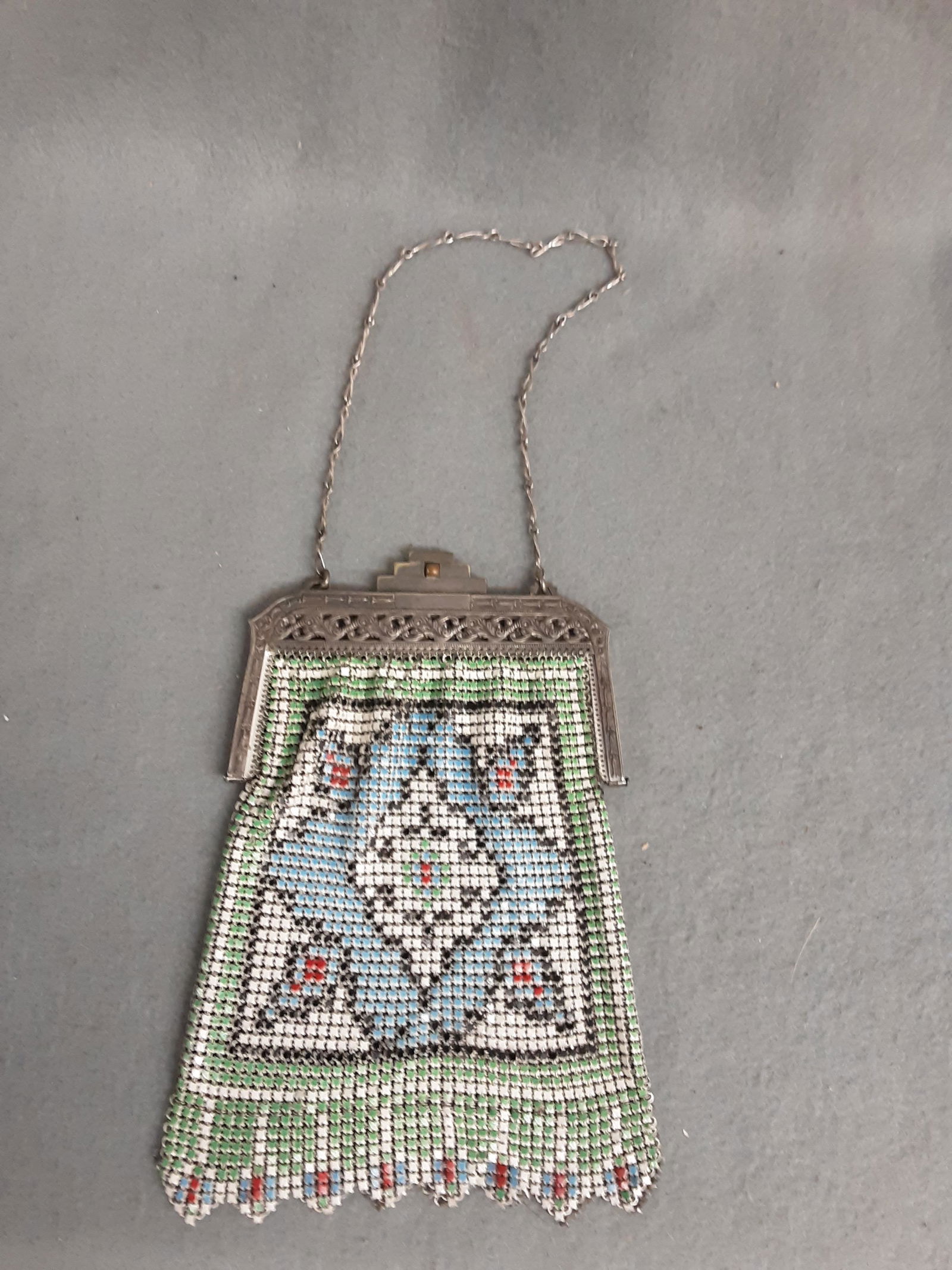 Whiting & Davis Beaded Bag Purse: Antique Vintage Whiting and Davis Green and Silver and Multi Color Art Deco Beaded Bag Purse. 10.25"L x 5"w