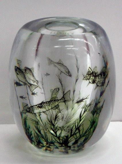 Rare Orrefors Vase: with fish and ocean scene
