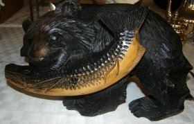 Carved Black Forest : Bear and Fish Sculpture- 14"l