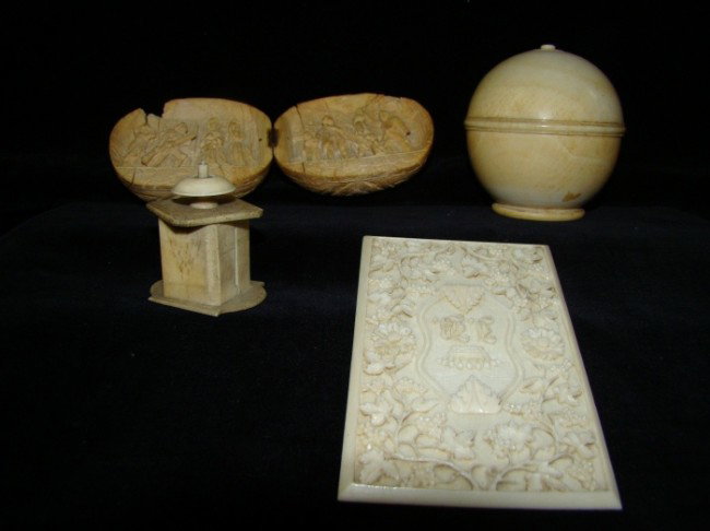 4 Piece Continental Ivory Lot 18th/19c: tape measure dated 1876, ornate plaque, 18c globe and figural grouping