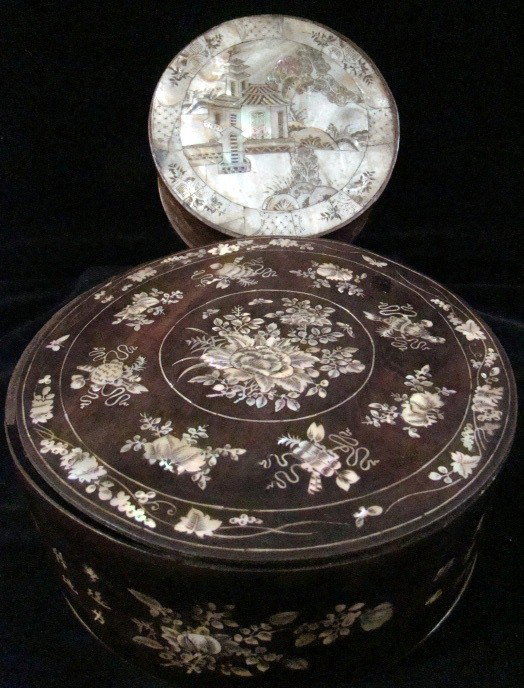 Two 19th Century Chinese Wood: inlaid boxes 4" x 9.5" and 3.5" x 7"