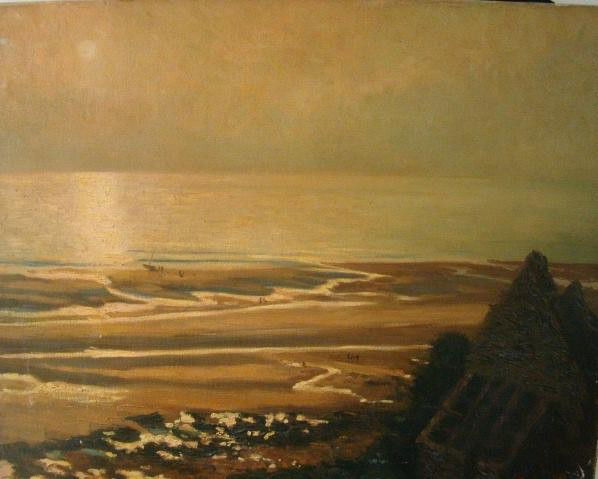 Georges Plasse Oil on Canvas: Seascape with Sunset 25.5" x 32