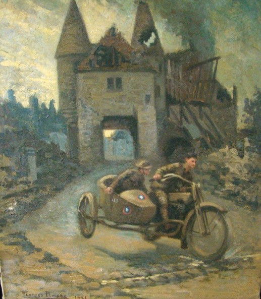 Georges Plasse Oil on Canvas: Soldiers riding a motorcycle