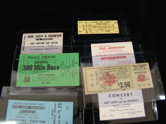 6 Assorted Boxing and Concert Tickets Gene Autry: Gary Lewis, Ringling Bros, Peter,Paul, Mary Lone Ranger,Indy 500