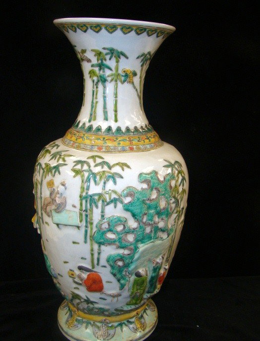 Chinese Famille Verte Vase: with relief decoration 20"