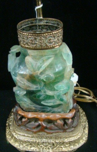 Carved Fluorite Lamp: with ornate bird and floral design 24"