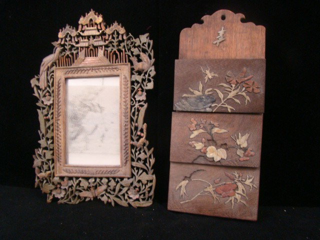 Chinese Carved Mirror and Letter Holder: with inlaid floral and bird design