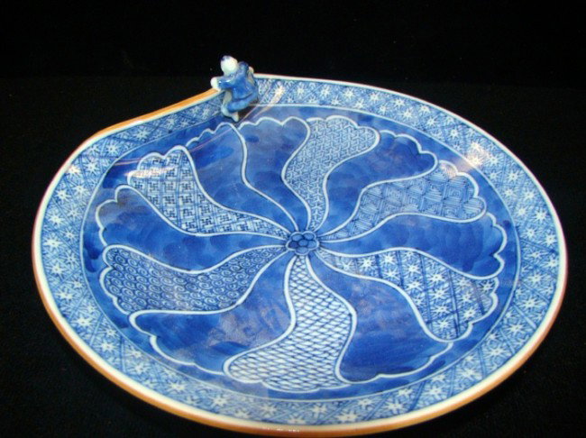Blue and White Japanese Serving Dish: with figural boy- signed