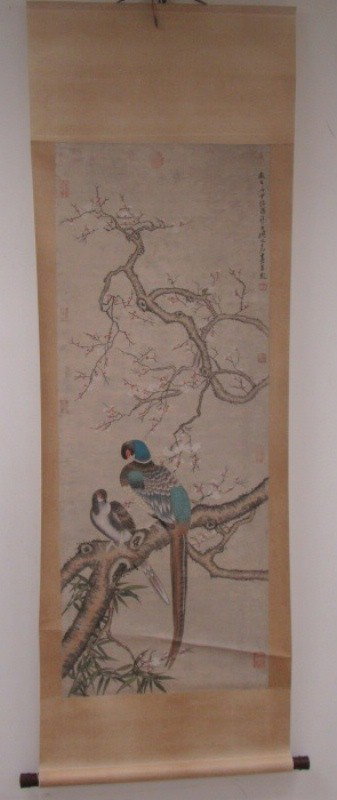 Chinese Scroll Birds on Branch- Zhi Hugan Zhou: on rice paper and silk 72" x 24"