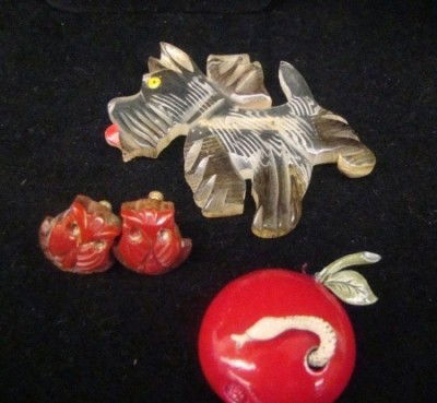 3 Pieces Figural: Lucite Dog, Coro Apple and Worm Trembler and bakelite owl earrings