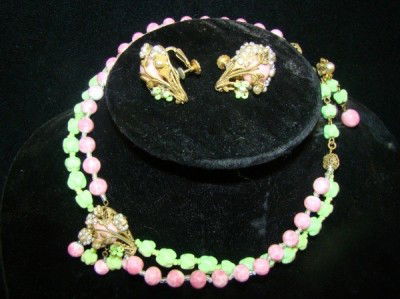 Miriam Haskell Necklace: green and pink