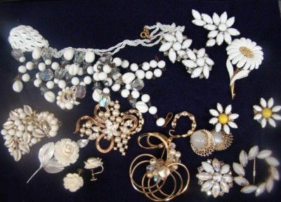 Trifari and Others, Mixed: White Vintage Pins Etc.[