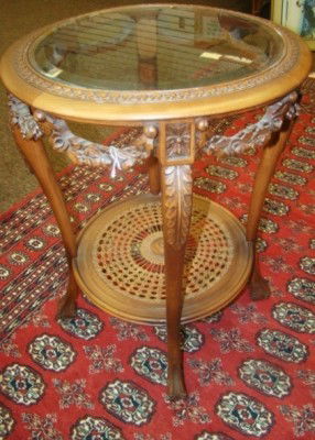 French Carved Side Tea Table: with Glass Top and Cane Tier