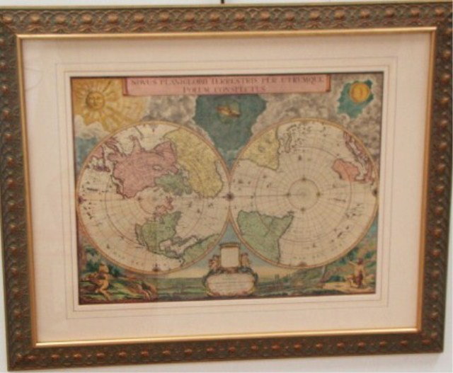 Latin Map of the World: In Gilt Frame 26" x 31" Condition E-VG