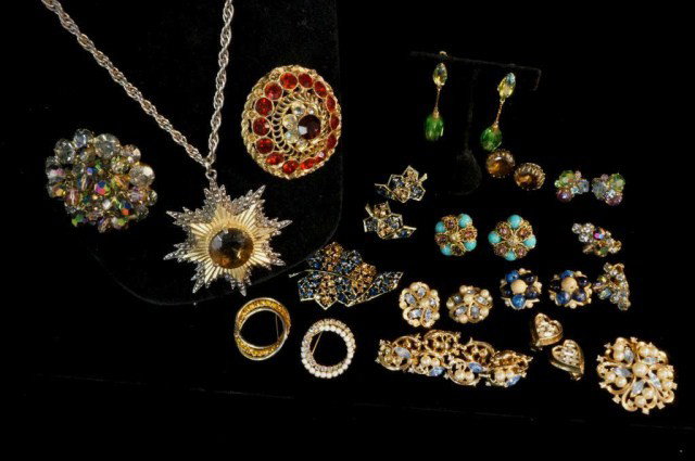 Lot of Weiss, Vendome and Unsigned Jewelry: Vintage Lockets, Pins, Brooch, Necklaces, Earrings Etc.