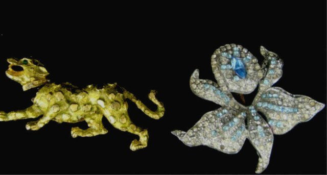 Lot of 2 Trembler Pin, Hattie Carnegie: Rhinestone Tiger - Rhinestone Floral Pin (Missing Stone to Floral Pin) Condition VG/G