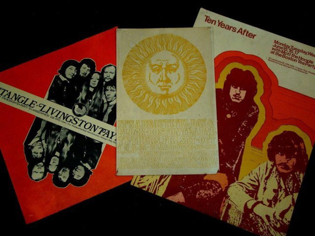 Lot of 3 Boston Tea Party Concert Posters, Ten Yea: Taylor, It's a Beautiful Day-1970- Minor Foxing Condition VG