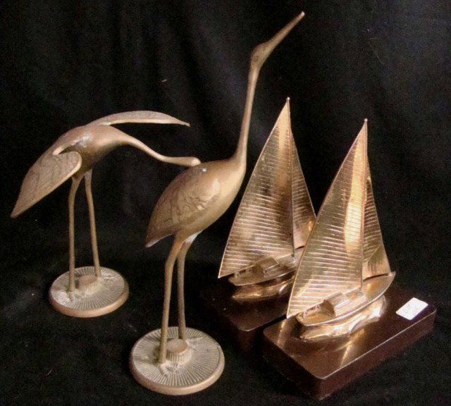 Lot of 4 Ship Bookend- Cranes: Brass on Pedestal ships 8'', Brass Cranes 12''x7.5'' Condition vg