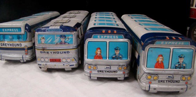 Lot of 4 Grey Hound Toy Buses: Tin Toys