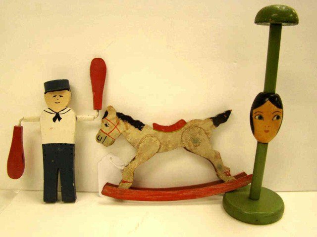 Lot of 3 Folk Art Pieces: Wooden Boy, Rocking Horse, Hat Holder Condition VG/G