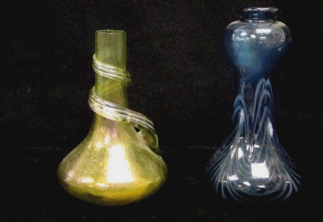 Lot of 2 Art Glass Vases Loetz: and Blue Swirl Glass - Loetz cut Down 6" - 7" Condition VG/G