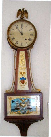 Seth Thomas Banjo Clock: with Battle Scene on Glass- Some Paint Flaking on Glass-Repair to Door Hinge Condition /G