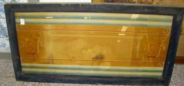 Rx Rex All Advertising Window: Reverse Painted- Some Paint Loss to Back 21.5" x 43.5" Condition G