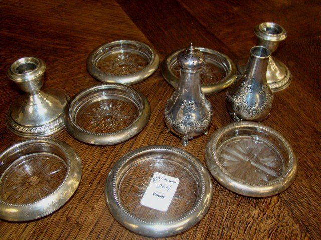 Assorted Lot of Sterling: Coasters and Salt/ Peppers-4 Silver-Plate Coasters Condition VG/G