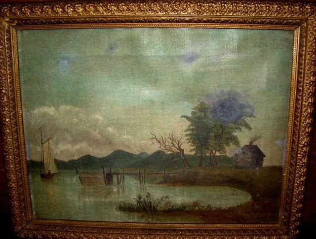 Early Signed Oil on Canvas: Hudson River School 15" x 18.25" Condition VG/G