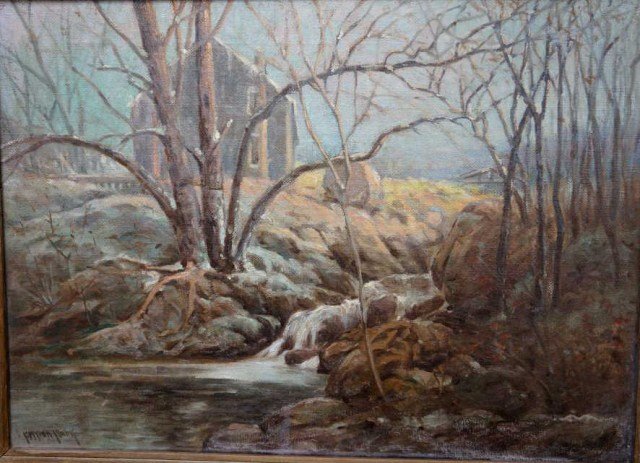 Clark, C. Myron, Oil on Canvas: House on The Stream, 20" x 22" Condition VG/G