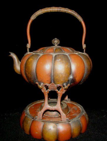 Oriental Tea Kettle on Stand: mixed metal and hand painted, 11" x 7" Condition vg/g