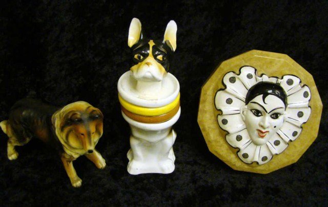 3 Piece Assorted Lot Figural Dog: with 2 coasters, dog figure, art deco box etc. Condition vg/g