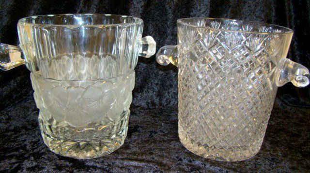 4 Pieces-Lot 2 Crystal Ice Buckets: and 2 art glass sculptures, one artist signed and Orrefors. Condition vg/g