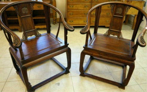 Pair of Huanghuali Chairs: with carved scrolling details Condition vg/g