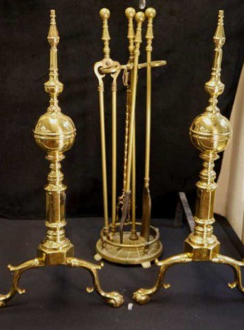 Brass of Brass Andirons with Accessories: finial top andirons 28" Condition vg/g