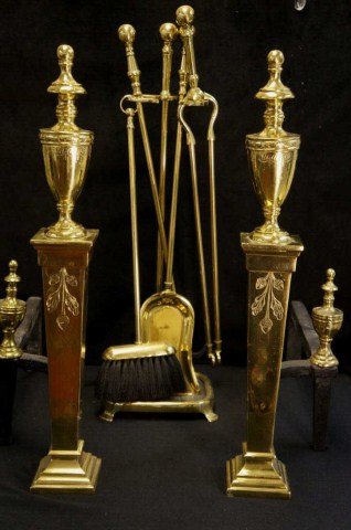 Art Nouveau Brass Andirons and Accessories: polished andirons with design 26"